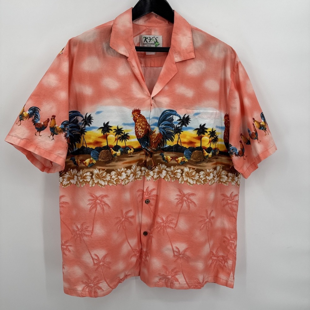 KY's USA Hawaiian Shirt Beach Palm Tree Rooster Palm Trees Floral Orange Men XL